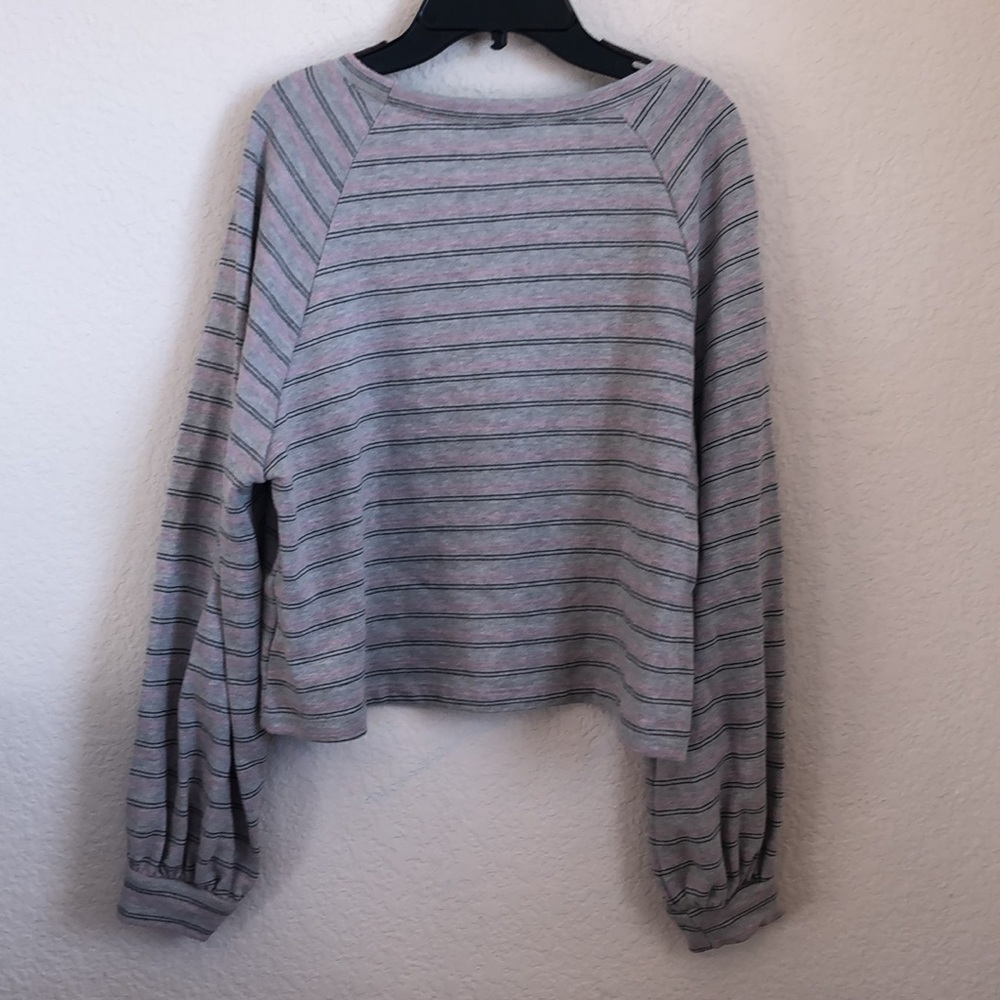 Lush Women's Sweater in Heather Gray Pink Striped Balloon Sleeve - Picture 4 of 4